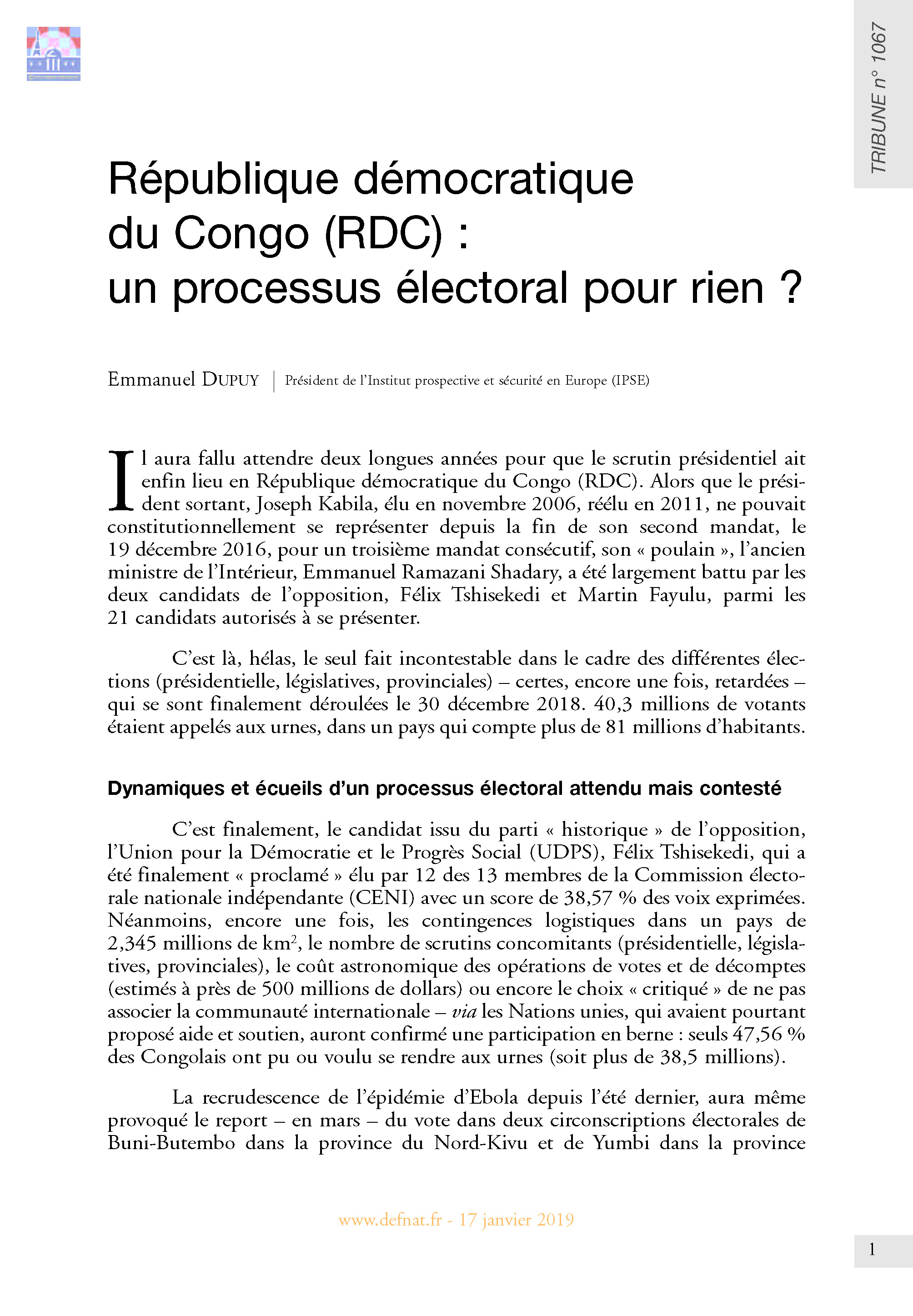 République démocratique du Congo (RDC) : un processus électoral pour rien ? (T 1067)
